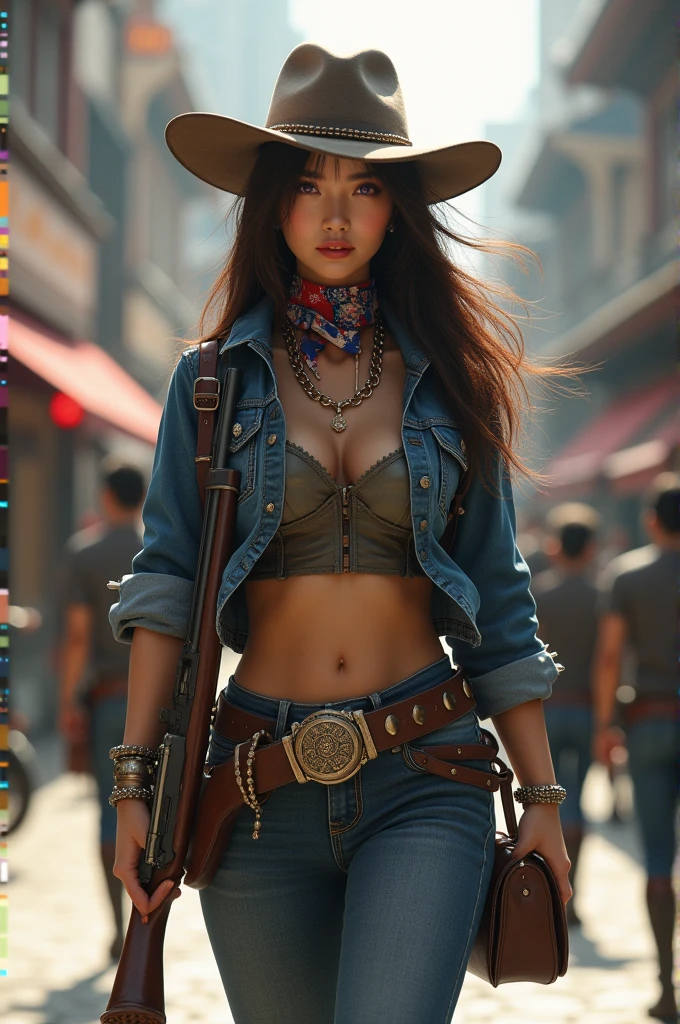 A Japanese woman walks through the city,Building,A plant,ssmile,mixed Korean,The background is blurred,Focus,light,(((masterpiece))), ((best quality)), ((Complex and detailed)), ((ultra-realistic realism)), ridiculous resolution, A MILF, adult woman, seethru, muito detalhado, enlightenment, 1Girl, (huge tits), narrow waist and wide hips,Long, lovely, detailled eyes, short, detailed information Hair, brunette color hair, a violet eye, (Western denim:1.2),Western Cowboyhut,cowboy boots,Cowhide leather vest,chaparejos,Western Denim Shawl,Western-Cowgirl,Play as Red Dead Redemption,American cowboys,Westworld,Cowboy Bounty Hunter,Wears a Mexican wide-brimmed felt hat with a high peak、Carry a Colt revolver or a Winchester rifle on your shoulder、Wrapped around a cartridge belt、Wear a denim leather top、and corset sleeves with tight multi-bag jeans、Step into a pair of high leather boots with spikes、A colorful printed square around the neck,(no underwear),pantiess, detailed background, perfect eyes, Seductive eye, Viewers look at, from front view,Wear light,