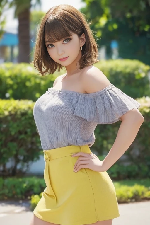 Beautiful girl wearing an off-shoulder top, zora々nice look, and short hairstyle. (highest quality, realistic:1.37), super detailed, (portrait:1.1), Bright colors, soft lighting, Bokeh、back、look back、hair blowing in the wind、mini skirt、thighs thighs thighs