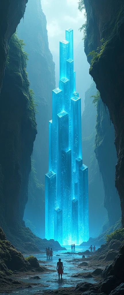 Above ground and underground 、 above ground is a city 、 underground has huge space 、 underground has large hexahedral crystals、blue、People live here、 structure divided into top and bottom 