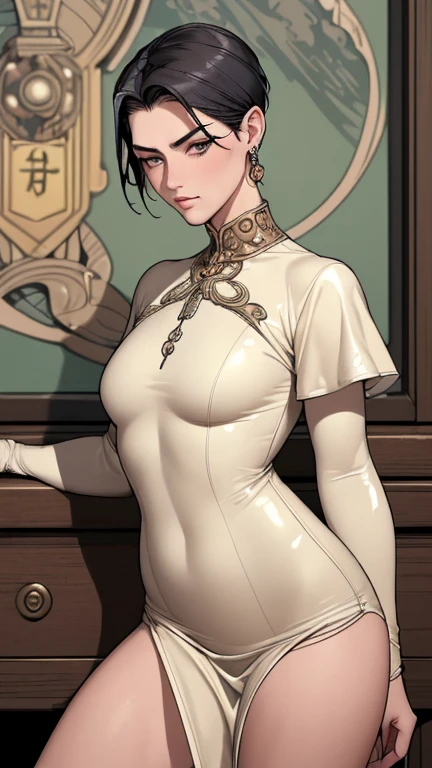 (masterpiece:1.3), (disorganized:1.3), (highest quality:1.3),(perfect anatomy:1.5),perfect finger,(detailed face), solo,1 middle age woman around 5,(Steam Punk), (Victorian era),Old Hong kong,(Kowloon area),horizontal angle,((looking at viewer:1.3)), (Super detailed:1.3),(best shadow:0.7),(small breasts),((graduated bob cut:1.1)),(blunt bangs),fine eyes, beautiful eyes, 1 mature woman, ((saggy small breasts)),((muscular)),dark skin,alone, standing, crystal earrings,closed_mouth, arm_behind,beige latex dress,full covered rubber dress,skirt,rest outdoors, intimidating pose,cowboy shot