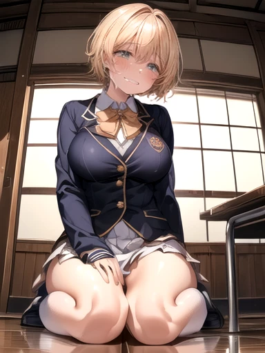 ((masterpiece)), ((Best Quality)), (Ultra-detailed), ((Cute)), cute, (Nice), ((sexy)), (device), ((Extremely detailed)), 4K, (8k), Best Quality, (beautiful), Genuineistic, Genuine, Sitting cross-legged, sexy pose,  look up from below,  full body focus, dark warehouse, Daytime, (Torn uniform), tattered uniform, summer, a cute girl,  1 girl, ((Crying face)), She is scared, scared, scary, (Japanese standard school uniform), (school costume), ((beautiful eyes)), My skin tone is tanned brown , mesh, Large Breasts, slim, slender, ((Scared face that seems to start crying even now)), Wet, Shiny, (Camel toe), Blonde short hair