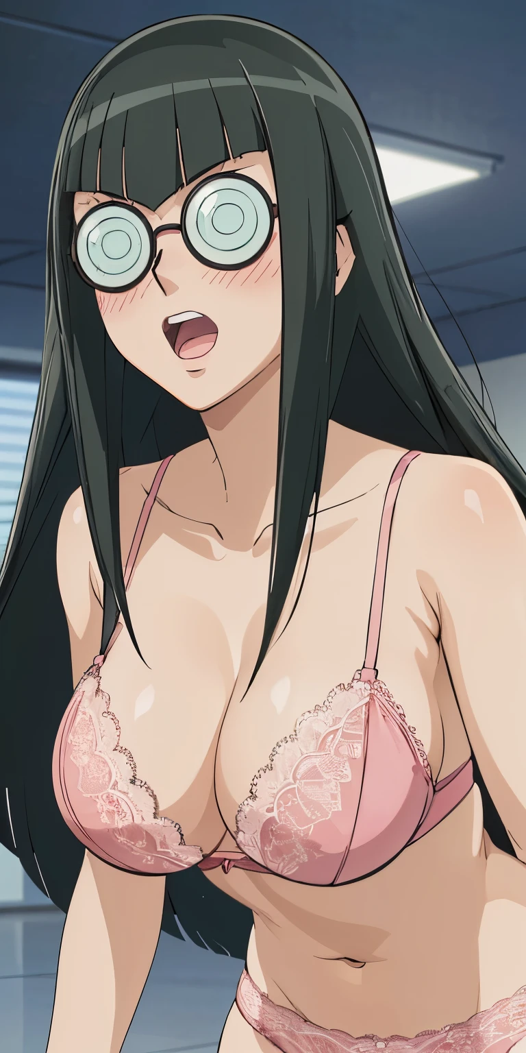 1 Female,High definition,high resolution,Ultra-realistic,8K, CC,black hair,long hair, glasses,large breasts,European,sexy,Upper body close-up,Photographed from the front,Dynamic Angles,pink lace panties,pink lace bra,blush, big tits ,happy,open mouth , perfect glasses 