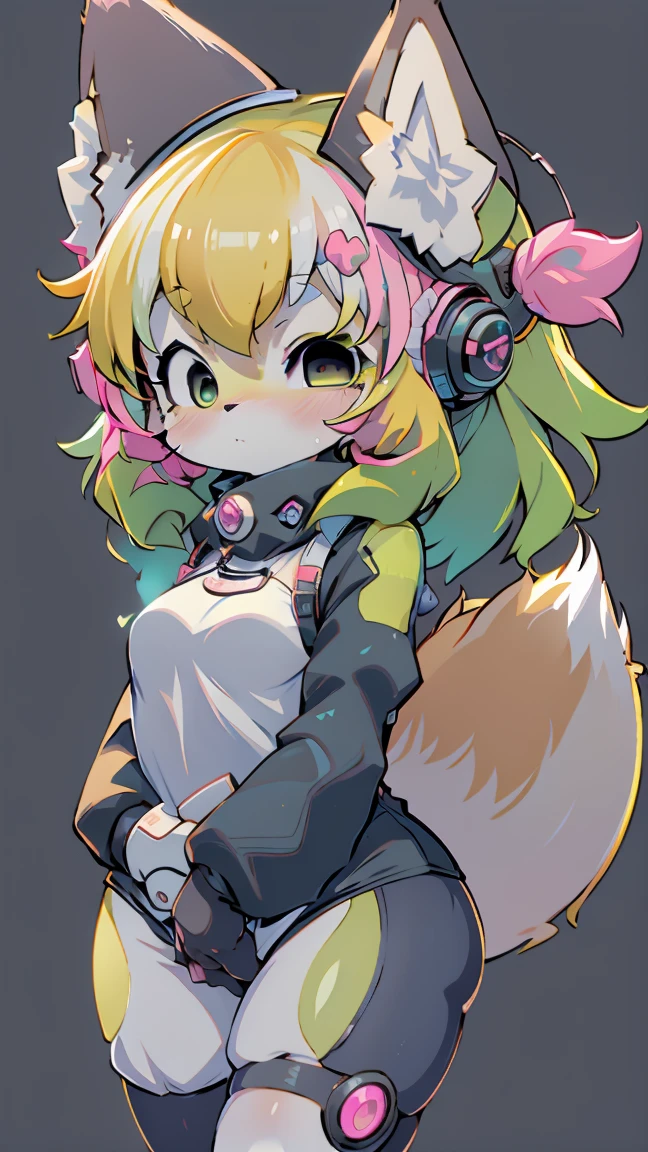 Kawaii, cute fox, (cyberpunk) |  Yellow hair green highlights | blue eyes,  heterochromia | Hairy pink skin  | With a fluffy syrup  | (((white background))) |  Fitness wear   |  Funny and embarrassed personality 