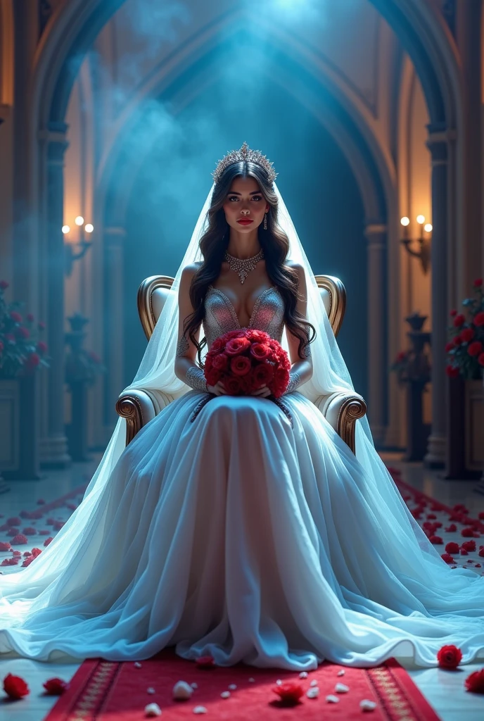 High-quality photorealistic image of a statuesque, ethereal celestial royal bride in a resplendent, intricately detailed shiny silver tulle wedding gown with a delicate veil, ornate jewelry, and subtle, shimmering makeup, sitting on amazing decorated wedding chair with a lush, red rose-filled wedding hand bouquet, amidst a lavish, fog-shrouded red carpet scattered with delicate white rose petals, illuminated by dramatic, softbox lights and subtle, ambient fog lighting, captured from a low, reverent angle, emphasizing her majestic, goddess-like presence.front view photo, Shot with Canon EOS R5, Set a strong contrast that accentuates the subject, Fluorescent blue tone,  Clothes all in one color, beautiful background