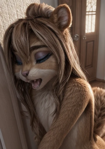 Brittany_Miller, One, chipmunk, fluffy,feminine,young ,fur detailing, 3d Model,  meets a guy ,waiting in the hallway ,  welcomes her boyfriend, says his tail ,  sexy body , 18+, intimateная обстанвка,light erotica, Model,  small round chest ,tail sticking out  , fluffy, in the living room,(a little bit full:0.3), Cute, (small ears), (short muzzle),  long slanting bangs ,  long hair with the back on a bun,grey-blue eyes, eye makeup  , eyes closed , beautiful eyes, intimate,кружевное розовое intimateное платье , detailed fur, perfect teeth,slightly flirty , Beautiful Look,  outrage 