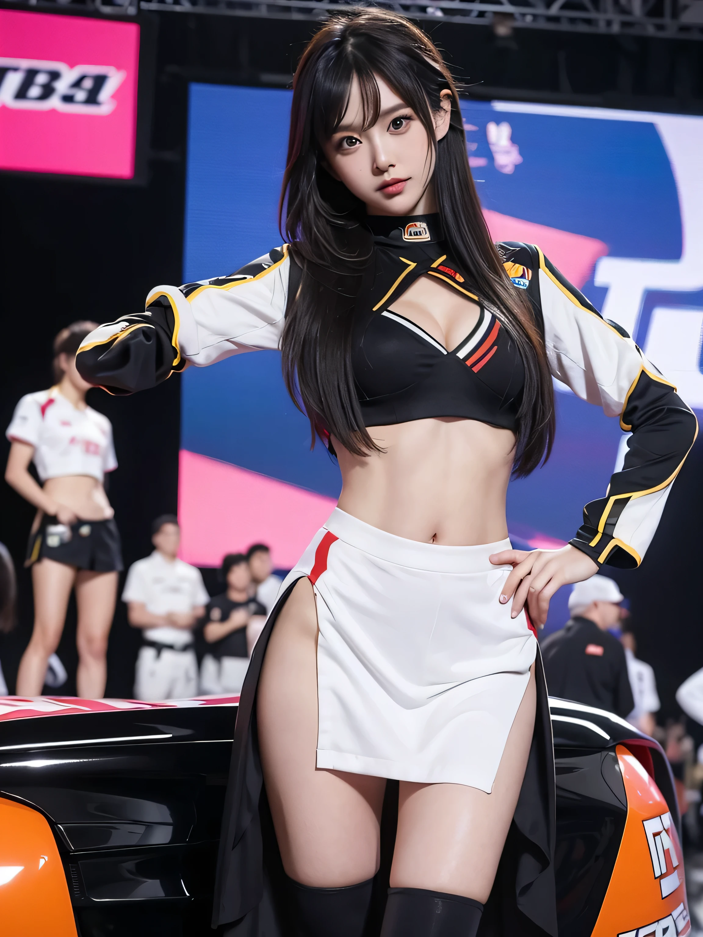 Ultra detailed face、underboob、Show the lower part of your chest、Colorful costumes、F1 Driver Cosplay、Colorful costumes、Company logo、The Grid Girls&#39; colorful and flashy costumes、Grid Girls、 perfect face、Paddock Girl、Motor Show、tights、Bodycon Costume、Grid Girls、Russia、Grid Girlsのコスプレ、belly button、 pleated skirt 、Bodycon Costume、 sexy pose 、Pose showing buttocks