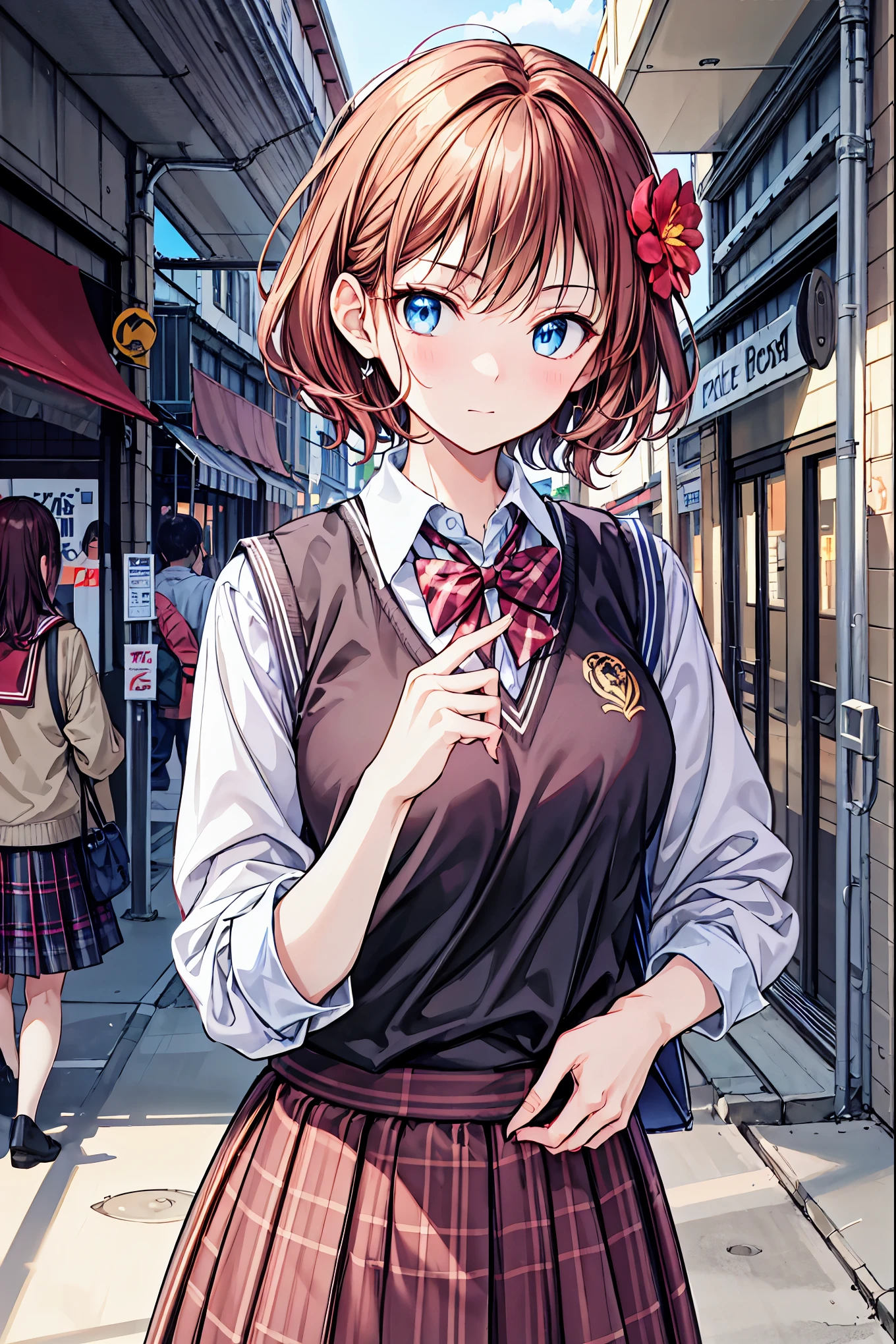 [ph Peach, Peach, ふPeach, Alone,  1 girl,  Brown Hair, short hair,  hair flower , Sweater vest,   school uniform with narrow eye space , Big Eyes,  Plaid Skirt, 黒の太Peachハイソックス, Peace Sign ,  and embarrassed， Your enchanting gray-blue eyes shine like stars，break (masterpiece:1.2), Best Quality,  High Resolution ,  Unity 8K Wallpaper , (shape:0.8), ( beautiful attention to detail :1.6),  very detailed faces ,  perfect lighting,  very detailed CG , (Perfect hands,  Perfect Anatomy),