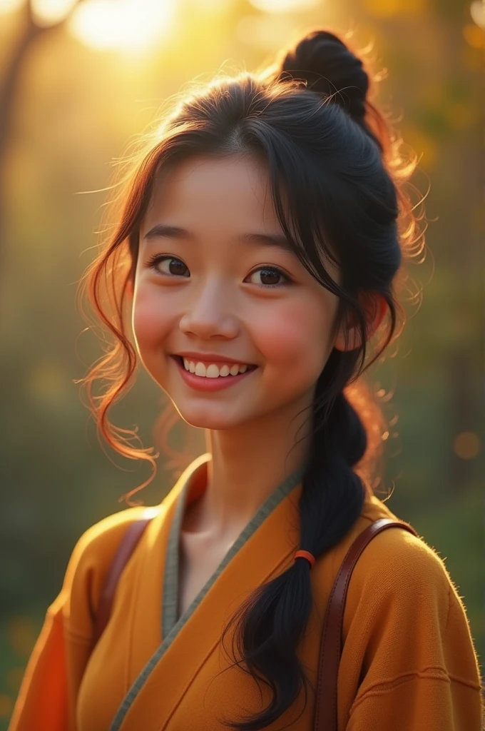 K-Pop Idols: 1.2, Mix 4, 1 Korean woman, 14 years old, (Thin eyebrows: 1.4), Sparkling brown eyes, Bunhead, Two braids tied together, Ancient Capital, Chinese monasteries, A tall mountain, Beautiful detailed sky, street (crowd:1.2), night, (Red nose), Hanfu, Happy, smile