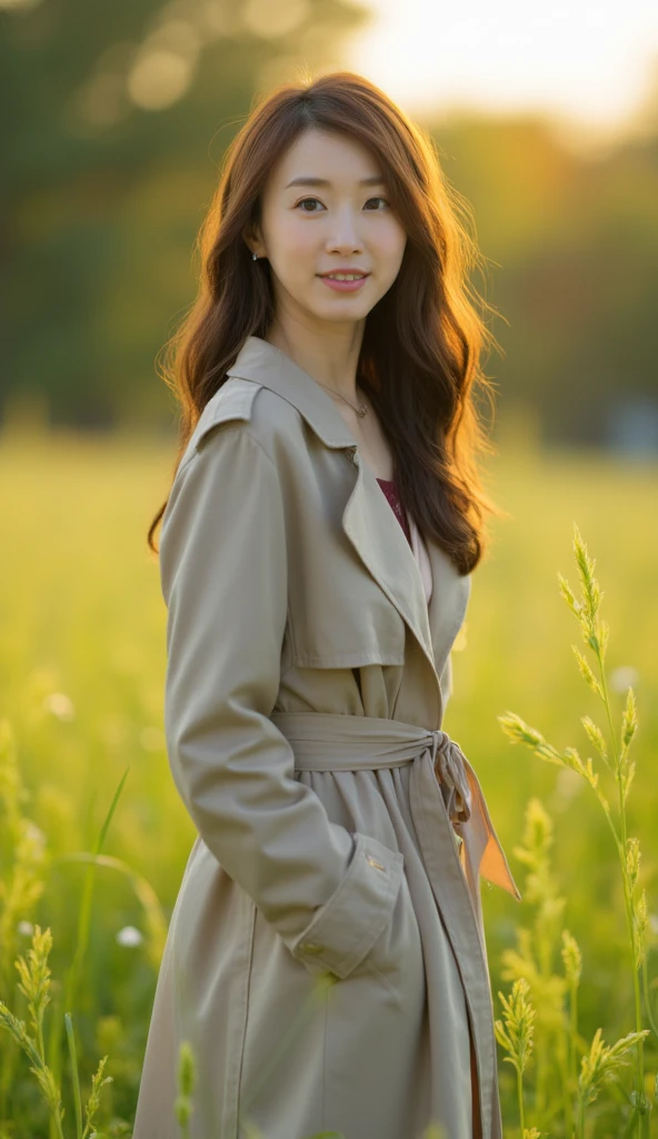 A lovery beautiful East-Asian slender woman is standing in a serene green field, bathed in the soft light of the late afternoon sun filtering through the leaves of the trees. She is dressed in a light, flowing beige trench coat, cinched at the waist with a fabric belt. Her long, wavy hair cascades gently down her back, and the subtle breeze lifts some strands delicately. The natural setting is tranquil, with tall grass swaying gently in the wind, and the sun creating a warm glow around her, highlighting the soft, natural tones of her outfit and the greenery around her.