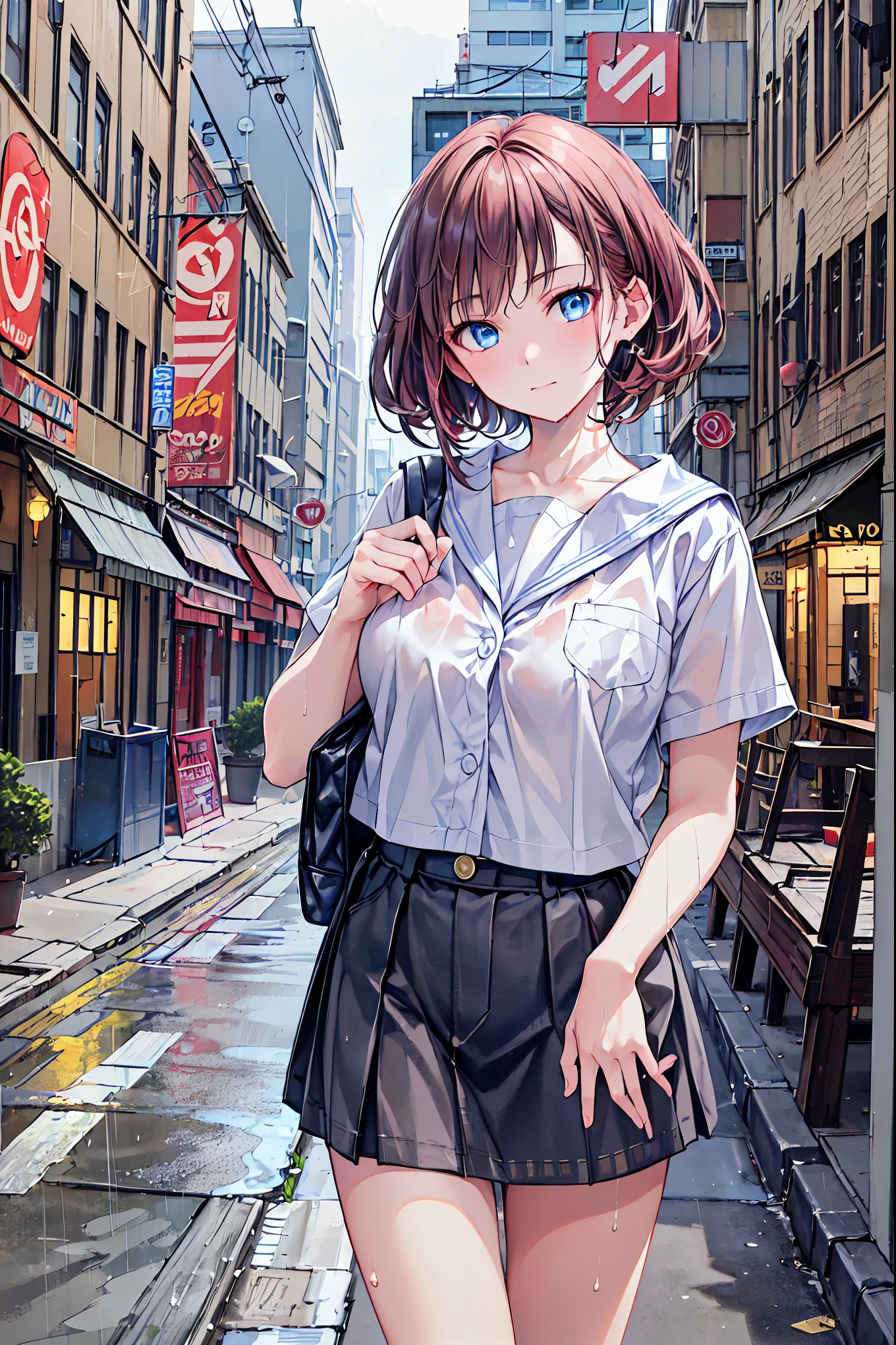 ((top-quality、8K、masterpiece:1.3))、1人、In a town where many people walk、Slender Abs、sofas、hyperdetailed face、A detailed eye、二重まぶた、very Bigger breasts、large full breasts、Colossal tits、Neat and clean schoolgirl、short-hair、Straight bob hair、Shorthair with bangs、A smile、Schoolgirl Uniform、Low male genitals visible through the skirt、An 18-year-old woman、Sheer white shirt、Unbutton and unfold the shirt、Exposing breasts、Navy blue ribbon at the collar、Dark blue pleated micro minexy、Peek at the viewer、Beautiful graphics and sunny main street、There are a lot of people、Show me your whole body、beautiful legal body photos、 Standing、No bra、teats see through、The shape of the nipple can be seen even through the shirt.、No panties、No panties、Detailed female genital shape pantyhose missing、(Facing the front)(((Blushing cheeks、embarassed expression)),(((My skirt was blown up by the wind)))、Showing female genitalia、、Background depth of field、Please choose one#39;skirt in the crowd、Found in many men、Eyes are hearts、trembling with excitement、breathless