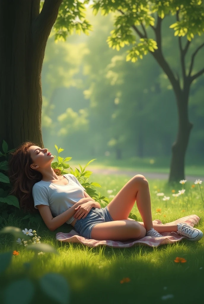 A 3d women sleep in grassy land without clothe around trees grass flowers