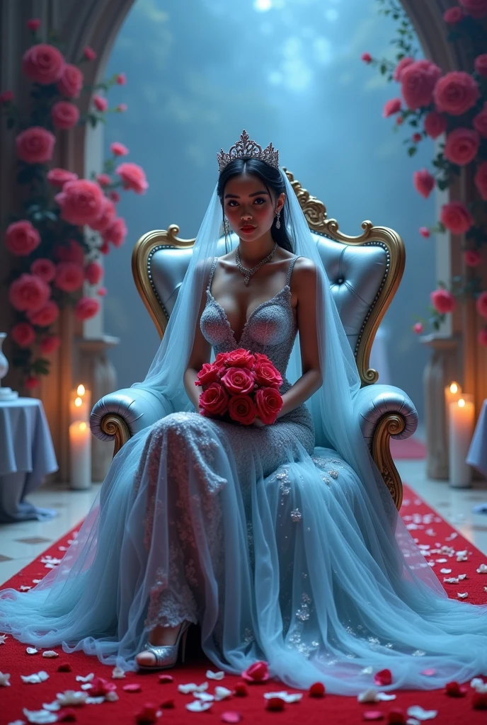 High-quality photorealistic image of a statuesque, ethereal celestial royal bride in a resplendent, intricately detailed shiny silver tulle wedding gown with a delicate veil, ornate jewelry, and subtle, shimmering makeup, sitting on amazing decorated wedding chair with a lush, red rose-filled wedding hand bouquet, amidst a lavish, fog-shrouded red carpet scattered with delicate white rose petals, illuminated by dramatic, softbox lights and subtle, full floral backdrop background, ambient fog lighting, captured from a low, reverent angle, emphasizing her majestic, goddess-like presence.front view photo, Shot with Canon EOS R5, Set a strong contrast that accentuates the subject, Fluorescent blue tone,  Clothes all in one color, beautiful background