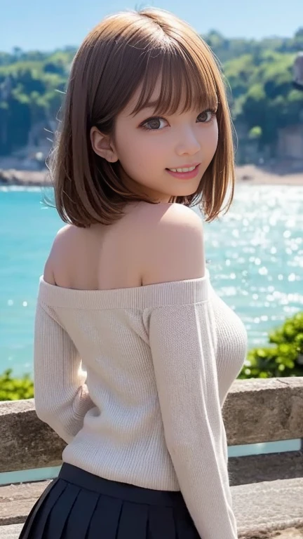 Off-the-shoulder knit sweater、Micro Pleated Mini Skirt、 1 21-year-old girl 、 short bob hair、Blonde、Big Breasts、Slender body、 beautiful long legs 、Beautiful back、turn around、Standing on a windy hill with a view of the ocean、Masterpiece:1.3、Photo quality、Detailed Description、 detailed background、Best Quality、