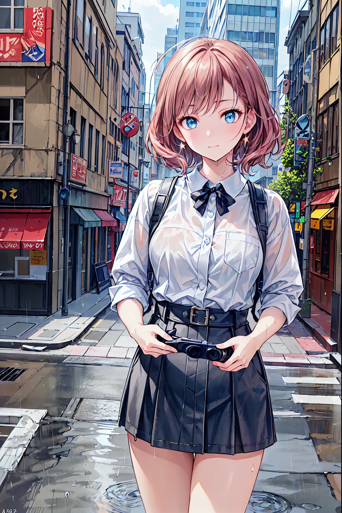 Extremely beautiful school girl, brown hair , pantie tug, covered_nipples, blue bra, blushed, [small breast], , have a school bag, noughty face, riding bicycle