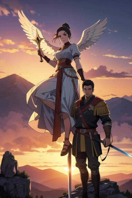 1boy, 1girl, best quality panoramic image of the mountainous forest overlooking the twilight, a Roman Empire soldier raising his sword upwards and a beautiful female angel flying down from the heaven downwards touching the tip of the sword