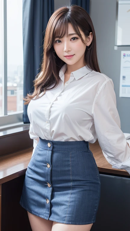 beautiful female k-pop idol, in collared shirt, long pleated skirt, dark-blue skirt, medium-length sleeves, (gigantic breasts:1.2), her face is visible, full-body portrait, shot on sony a1, 85mm F/1. 4 ISO 100, medium format, 45 megapixel, studio lighting, softbox, high shutter speed flash photography, award-winning photograph with golden ratio composition, look at viewer