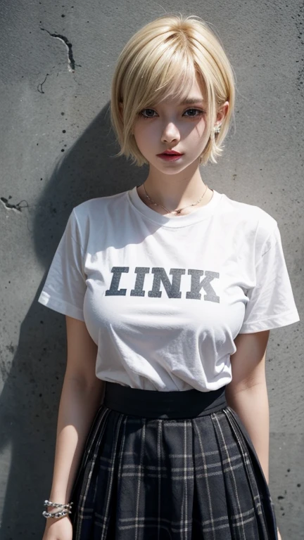 (8k:1.27), best quality, masterpiece, ultra highres:1.2), arrested lesbian goth delinquent girl with arm tattoos, tattooed girl, full body picture, beige oversized knotted prisoner t-shirt with black letters, short big sleeves, beige inmate prison uniform, beige short inmate pants, dyed green hair, dyed blonde hair, short bob hairstyle, high ponytail, hair bangs, in a prison cell, handcuffed, hands tied with rope behind body, submissive neck choker, 4k or 8k picture, looking sad, paisley bandana ribbon hairband, nose septum piercing, wearing dirty old clothes, smelly