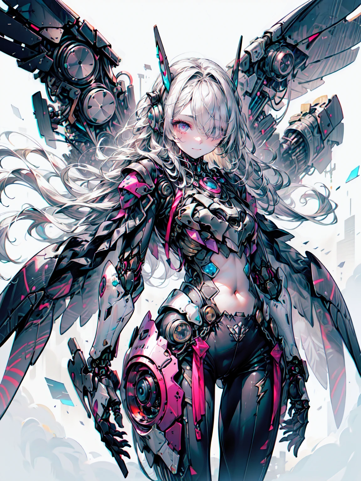 ((One Girl:1.5),(  embroidered cybernetic body extending to cover one eye :1.5),Big ample breasts,(Mechanical chest armor:1.5)),(Highest quality, 素晴らしいdetailed,owl wings 、 Ultra-high resolution, (realism: 1.4), Best Illustration, , 非常に凝縮されたOne Girl,(in front:1.5),(dynamic:1.5),(:1.5)),(Thin Hair:1.8),( straight hair:1.5),( long bangs:1.5),( VERY LIGHT COPPER BLONDE),(( Hair Over One Eye  :1.2)),Ride a motorcycle, The background is a high-tech lighting scene in a futuristic city、Blake、非常にdetailed (Dark Elf), (1 girl), Alone,  perfect face, detailed, Ahoge, ((Long Hair:1.2)), ( hair above one eye:1.3), [[Messy Hair]],  shiny blond gray hair adorned with lightning ,  purple eyes, Spotted Eyes, Colorful Hair, Bright eyes, Face Shape, (eyelash,  eyeshadow, pink  eyeshadow), smile, Design Art：Haruhiko Mikimoto, Kawasaki,  Amano Kikosaku  