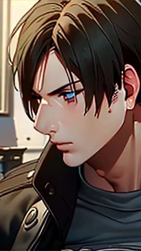 (Highly detailed CG), (Best Quality), (Highly detailed CG), (Best Quality), Leon S. Kennedy has a beautiful body, SWAT Clothing, Handsome and cool young man, Slim and muscular,Getting a deep kiss from a beautiful woman