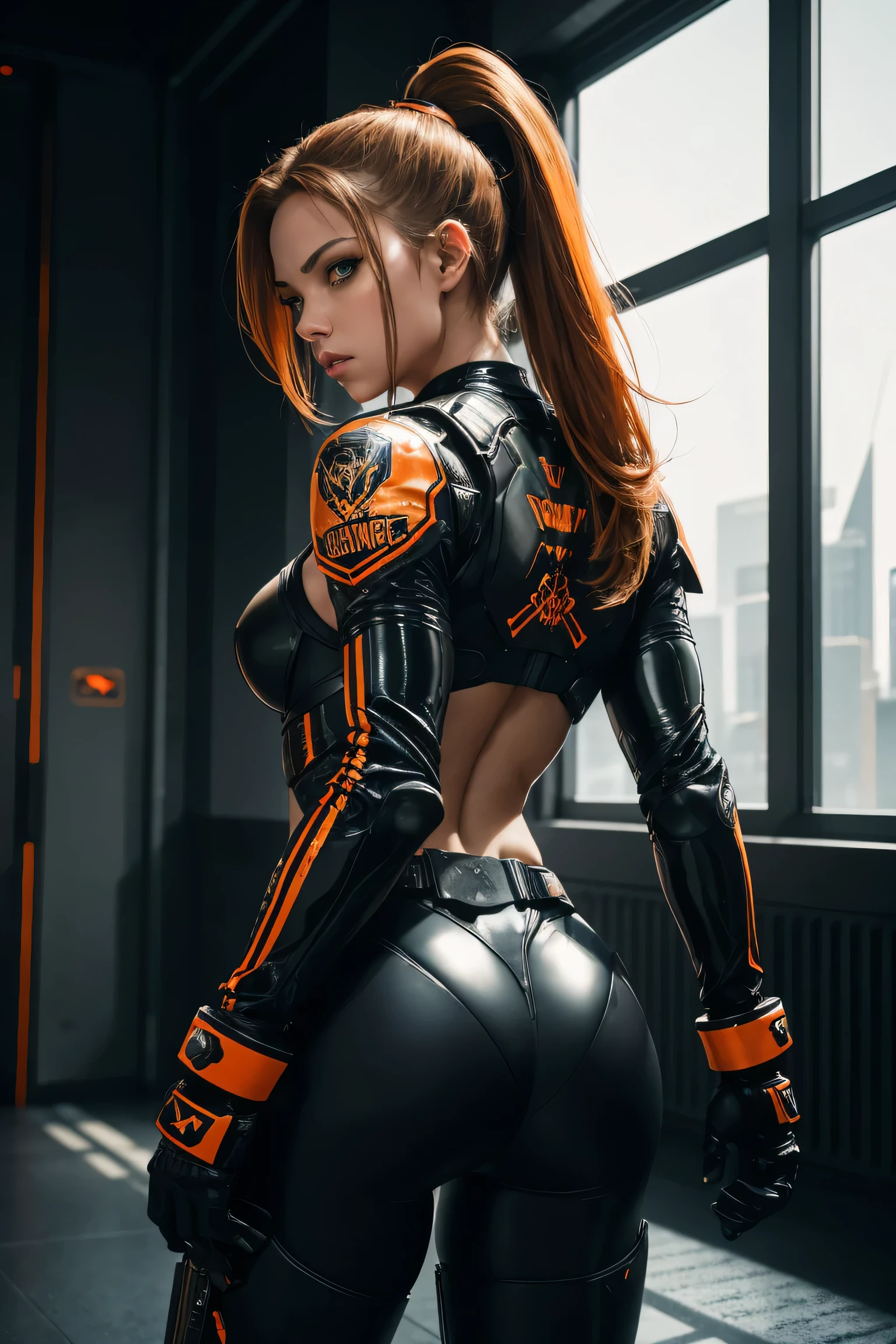(8k, best quality, masterpiece:1.2),(best quality:1.0), squatting, from behind, looking_at_viewer, girl racer, makeup, NASCAR, car racing, wearing racer top, voluptuous, crop top, ass shot, closeup, masterpiece, best quality, sexy, dynamic pose,aesthetic, beautiful face, curvy hips, thick thighs, face focus, closeup, 8k, RAW photo, photo-realistic, ginger_hair, messy hair, bangs, photorealistic, dark shot, spooky, intense stare, cinematic lights, intricate details, highly detailed, slate atmosphere, cinematic, dimmed colors