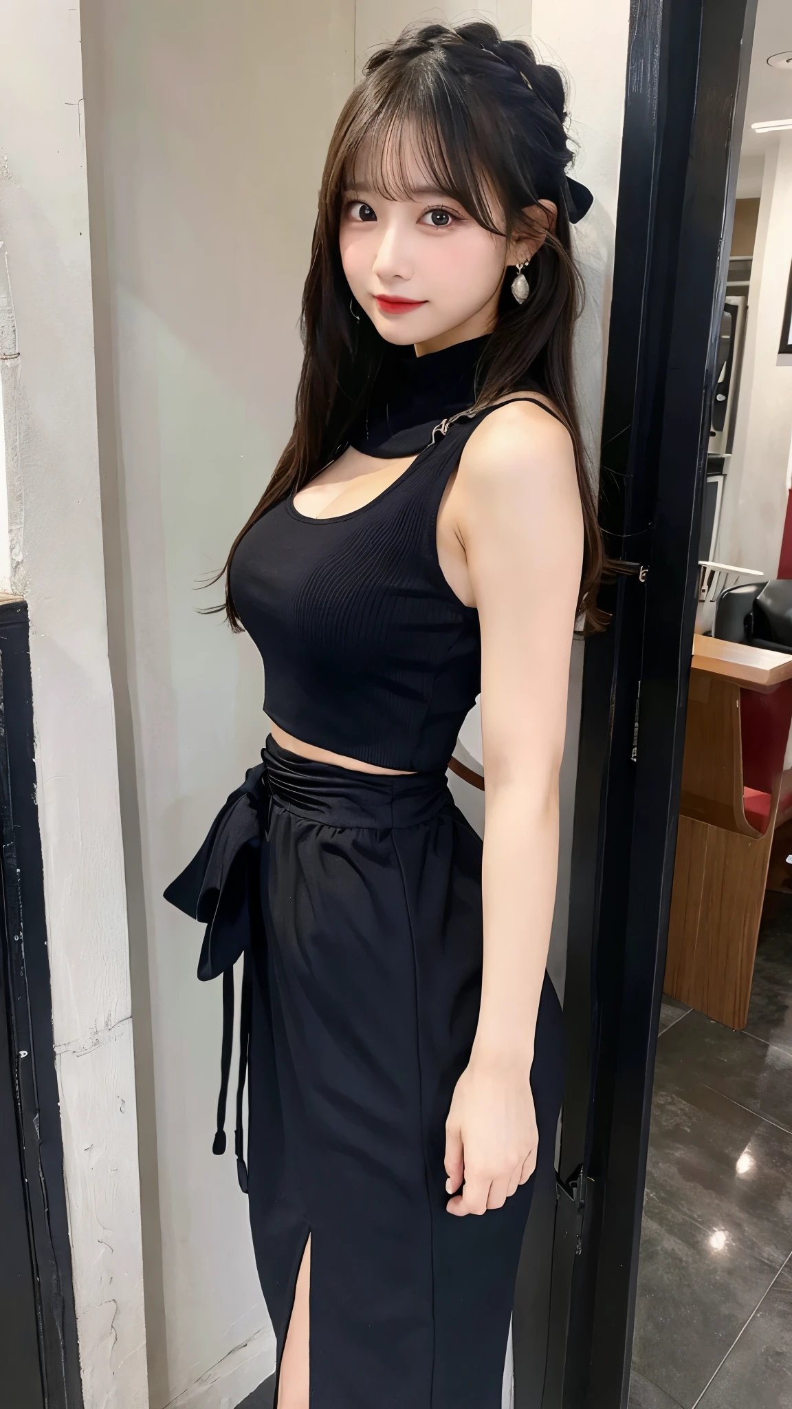 A girl around 33 years old,simplicity,Extremely beautiful and delicate,(light make-up),black color hair,A sweet smile,Delicate and beautiful fair skin,Realistic and realistic,exquisite and complete facial features,Detailed depiction of the face,tall nose bridge,Red lips,Beautiful, gentle and beautiful girl,Smooth hair,Extremely delicate hair,Feminine temperament,Fill your face light,hyper realisitc,photorealestic,8K quality,extremy detailed,Realistic details,Works of masters,Realistic to the extreme,big breasts body,Beautiful,Pure desire,Stunning beauty,Peerless beauty,Highest image quality,8K分辨率,goddes,ssmile,Fine facial features,Hair over the shoulder,A brown-haired,Large long thick legs,(((High-waisted French top))),(((short skirt))),rays of sunshine,facing at camera,The body is well-proportioned and firm,Gentle eyes,exposing thighs,stand posture,Stand inside the mall,Full body photo