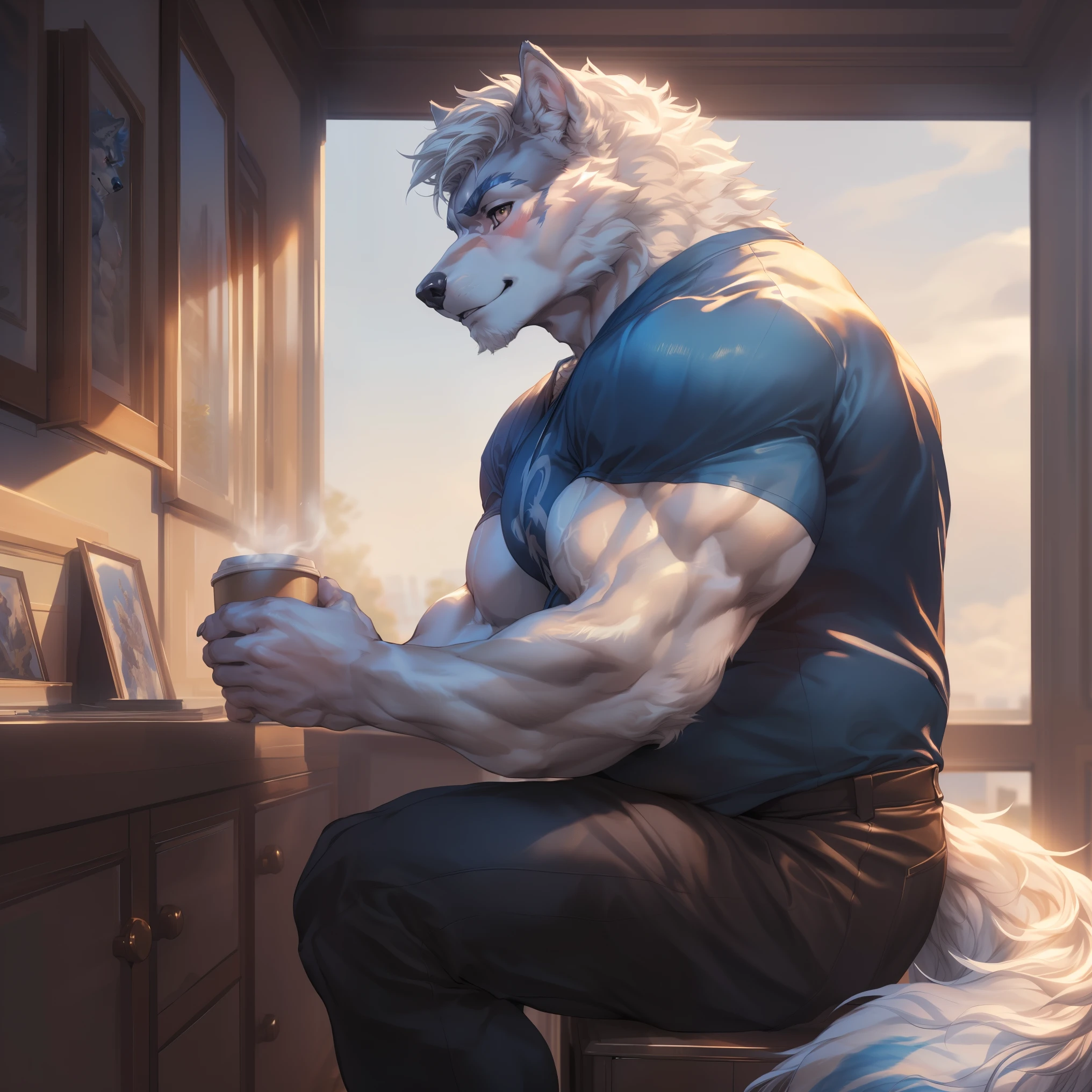 "Masterpiece, Cool Pose, Furry werewolf, werewolf, furry body, anthro orange werewolf, (monotone orange fur:1.3), male, black beard, white chest fur, adult, (heavily muscular, manly, brutal, masculine:1.4), green eyes, realistic eyes, Casual Set, Fierce, Good looking, Smirking, Breeze wind, Comfortable, Looking To Back, werewolf back, look at  Sitting In Grass, High Ground, Sunset, Hill Background, (by Taran Fiddler, by Chunie, by Rukis, Bonifasko lighting), best posture, claws on hands, (photorealistic fur, detailed fur, epic, masterpiece:1.2), sexy shadows, (by echin, by Taran Fiddler, by takemoto arashi, by Traver009, by Juiceps), (detailed eyes:1.2), impressive physique, Focus on the back, Watching the sunset, a coffee cup on hand, green shorts, wearing a black tank top