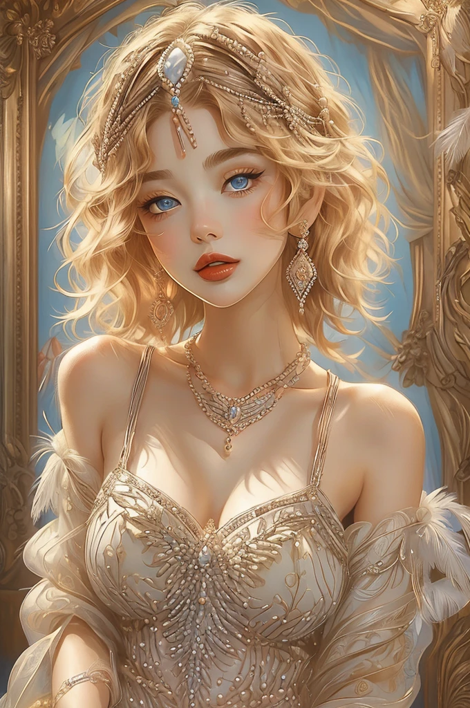 (masterpiece, Best Quality:1.2),beautiful, Realistic,  x Charleston Style,  1 girl, Alone, chest, blue eyes, Blonde,  hair accessories, dress,  jewelry , necklace, bracelet, lips, compensate, ring, Wings, lipstick, gem, Curly Hair, Realistic, feather  hair accessories, Pearl necklace, Pearl (gemstone)