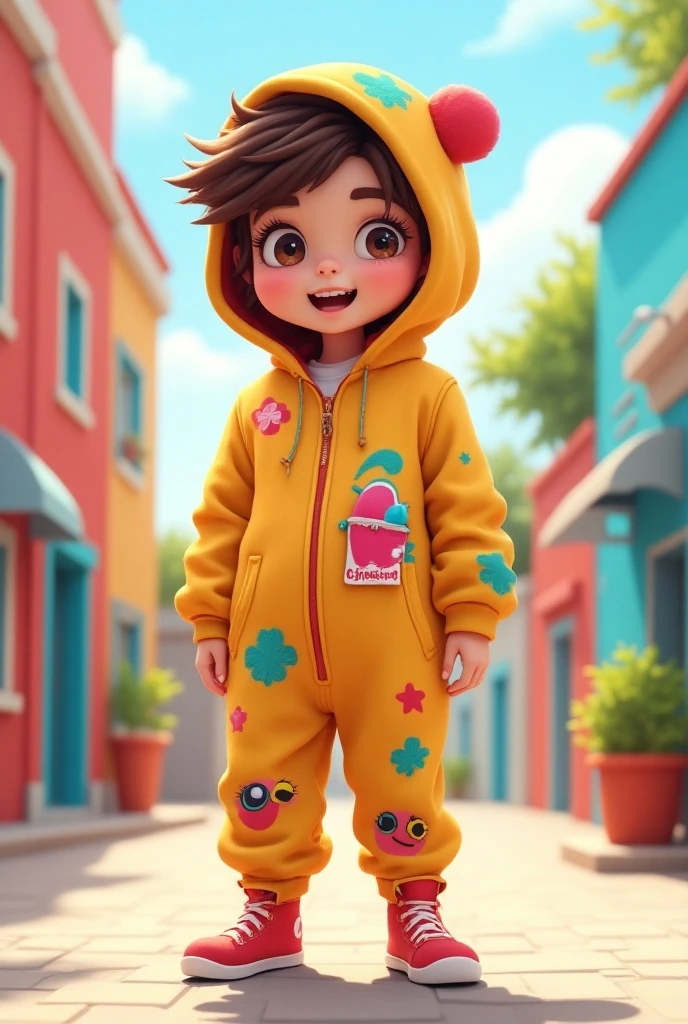 game character with realistic features: a boy with brown skin tones wearing a green coat with a yellow stripe in the center; with hood covering eyes; on the hood there are two large blue buttons on each side; yellow pants; your mouth has a lollipop; the hands are inside the coat pocket