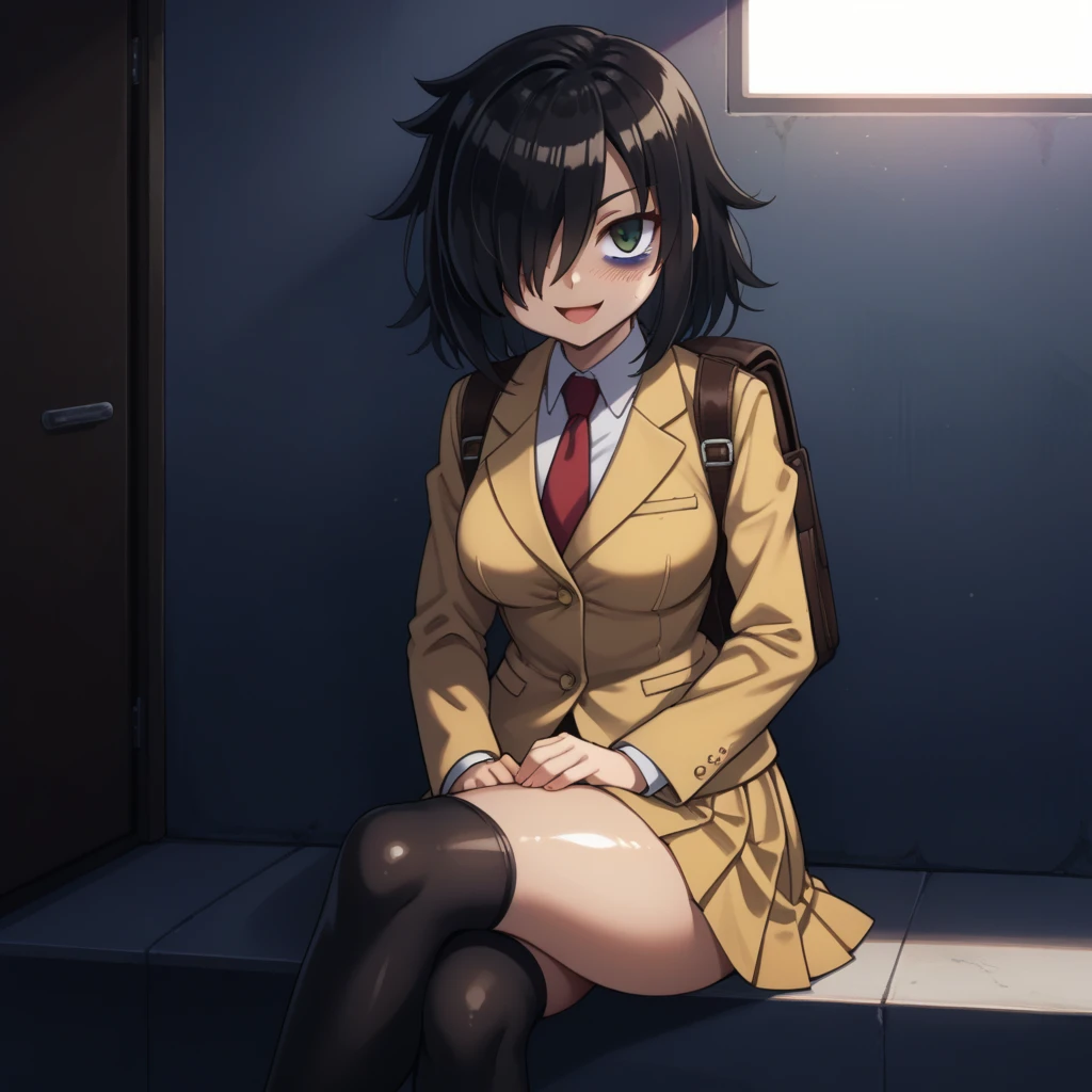 score_9, score_8_up, score_7_up,, solo, source_anime, tomokoxl, bags under eyes, hair over one eye black hair, medium hair, school uniform, red necktie, yellow skirt, short skirt, pleated skirt, yellow jacket, standing, cowboy shot, sitting, crossed legs, thick thighs, shiny skin, focus in crossed legs, underwear, white underwear, shiny underwear, lace underwear, white lace underwear, shiny lace underwear, panties, white panties, shiny panties, only crossed legs pose, sexy crossed legs, perfect crossed legs, sexy legs, big thighs, oiled thighs, oiled legs, smile, open mouth, glowing green eyes, evening time, dark room, breast, big breast, sheer knee highs, black knee highs, black sheer knee highs, backpack, leather backpack, brown backpack, focus in crossed legs, focus in legs, blushing, gamuza lace-up shoes, brown gamuza lace-up shoes, oxford shoes, brown oxford shoes,