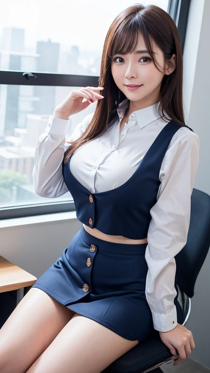 (((オフィスレディ、OL、office lady、formal clothes、navy vest)))、(((white horseshoe-shaped hairband)))、sexy,formal ,in the bank,vivid color panty,high heel、(((full body,including legs)))、Dressed up、(Photo real:1.4)、(A hyper-realistic:1.4)、(Photorealistic:1.3)、 (gentle lighting: 1.05)、(Improve the lighting quality of your video:0.9)、32 k、 1Girl、30 years old girl、photorealistic lighting、Back lighting、Facial Lights、Ray Trace、(bright:1.2)、(Increase quality:1.4)、 (best quality real texture skin)、Fair eyes,Delicate and delicate face、 (tired and sleepy and satisfied : 0.0), Close-up of the face, navy shirt [boton gap 1:5],very tight navy shirt ,((([see through shirts:1.2], {stands out nipples、covered nipples ))), navy mini skirt , (Bodyline mood improvement:1.1)、Glossy skin、wavy hair,pornostar、韓国アイドル、乃木坂アイドル、Sculptural Idol Pose、little smile,blush,Beautiful actress、Neat woman,whole body, and spread the legs apart, small breasts,(perfect row of teeth),slender waist and hip,beautiful long legs,(full shot)、((8heads tall)、(((誘惑している、恥ずかしい)))、random dynamic pose,(eye shadow),(red cheek、red lips),Super Clean Night View、night time、blush,little smile,(((full shot)))、a little open the legs apart、sitting down on the desk,(((in the luxury night office)))