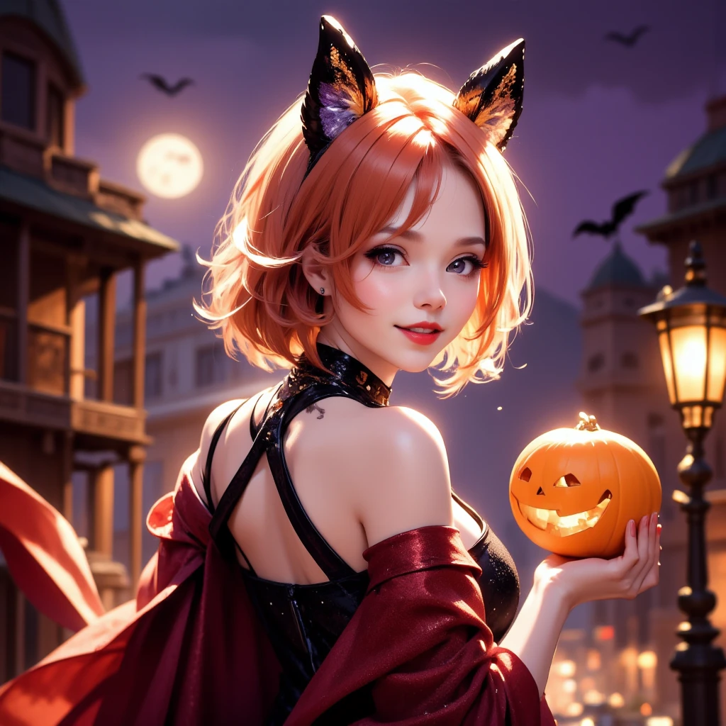 （masterpiece, Best Quality), Intricate details, （thin, ((slim)), beautiful girl, Light orange short hair, White skin, Sharp jawline, Disheveled Hair, lips, Close-up）, Very detailed, Illustration,(One girl),Beautiful detailed eyes, Make eye contact, Girl about 1 wearing a Halloween black cat ear catsuit, smiling in a close-up looking back, cool and mature, eyes are black on the upper side and shining in yellow in a gradient towards the bottom, red cape and off-shoulder chiffon with red lamé material shirt, looks fun, holding a jack-o'-lantern next to her right shoulder with a jack-o'-lantern on her hand, glittery, digital art style, illustration,The background is slightly blurred and brightened、Illuminated Paris cityscape、Street lamp、Bright light in the window、The sky is a light purple gradation、full moon、Bats flying
