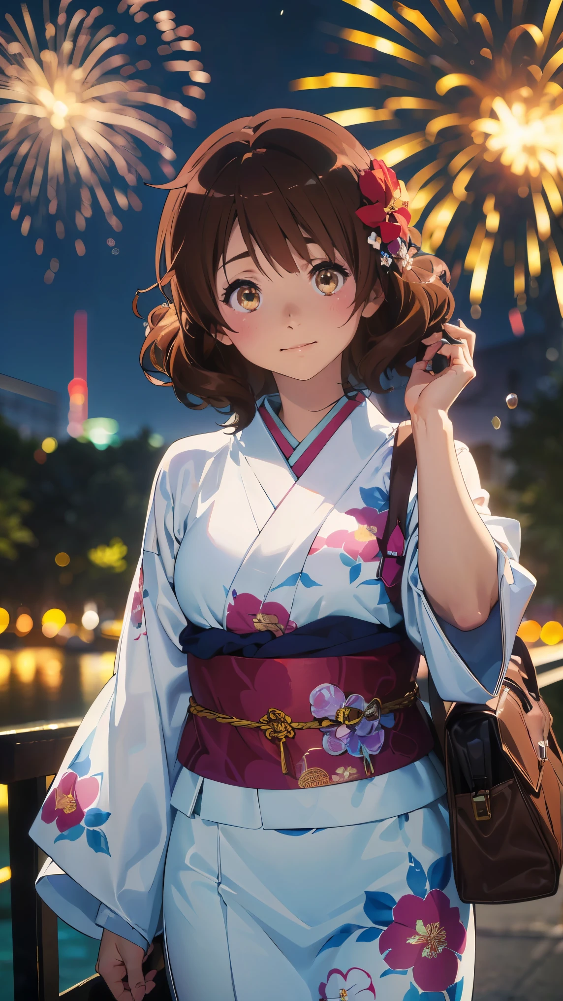 (最High image quality, 8k, High image quality, high detail,masterpiece:1.2)、kumiko oumae,Eye light、 face light 、  sparkling eyes、Alone、1 girl、 viewers、anime、animeカラーリング、(from the front:1.3)、( Perfect Anatomy)、(Looking at the viewer、 focus on the face)、Sparkling Eyes、(from the front:1.3)、( viewers、Blur the background:1.3)、animeカラーリング(Blur the background:1.3)、Before the topic、(( The image placed in the center )),((Glowing Skin,smile))、 (((masterpiece))), ((top-quality)), (( complicated details)),  perfect eyes, Captivating Eyes,(Alone、1 girl)、anime、animeカラーリング、 viewers、Subject in front、Detailed skin、((small drawstring bag、simple flower hair ornament)),(The,yuTheta,japanese clothes,Heart, sash, floral print, Heartjime,),（魅力的なsmile)、(Watch the fireworks display,Lots of fireworks,dreamy happy atmosphere dramatic lighting),