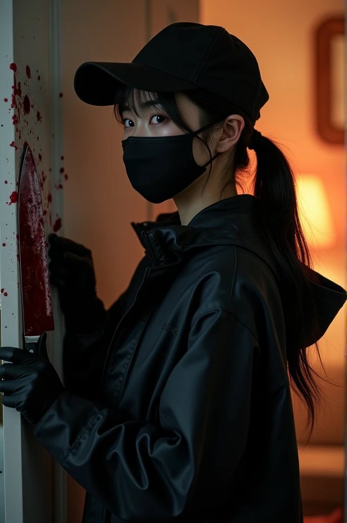 korean girl, (behind corpse, surgical mask), blood splatter, holding knife, stabbing, gloves, room full of blood, transparent raincoat, trucker hat, holding knife, gloves, behind corpse, very long hair, night, mass murderer, robbery, in the hotel, dark atmosphere, cinematic lighting, atmospheric realistic,