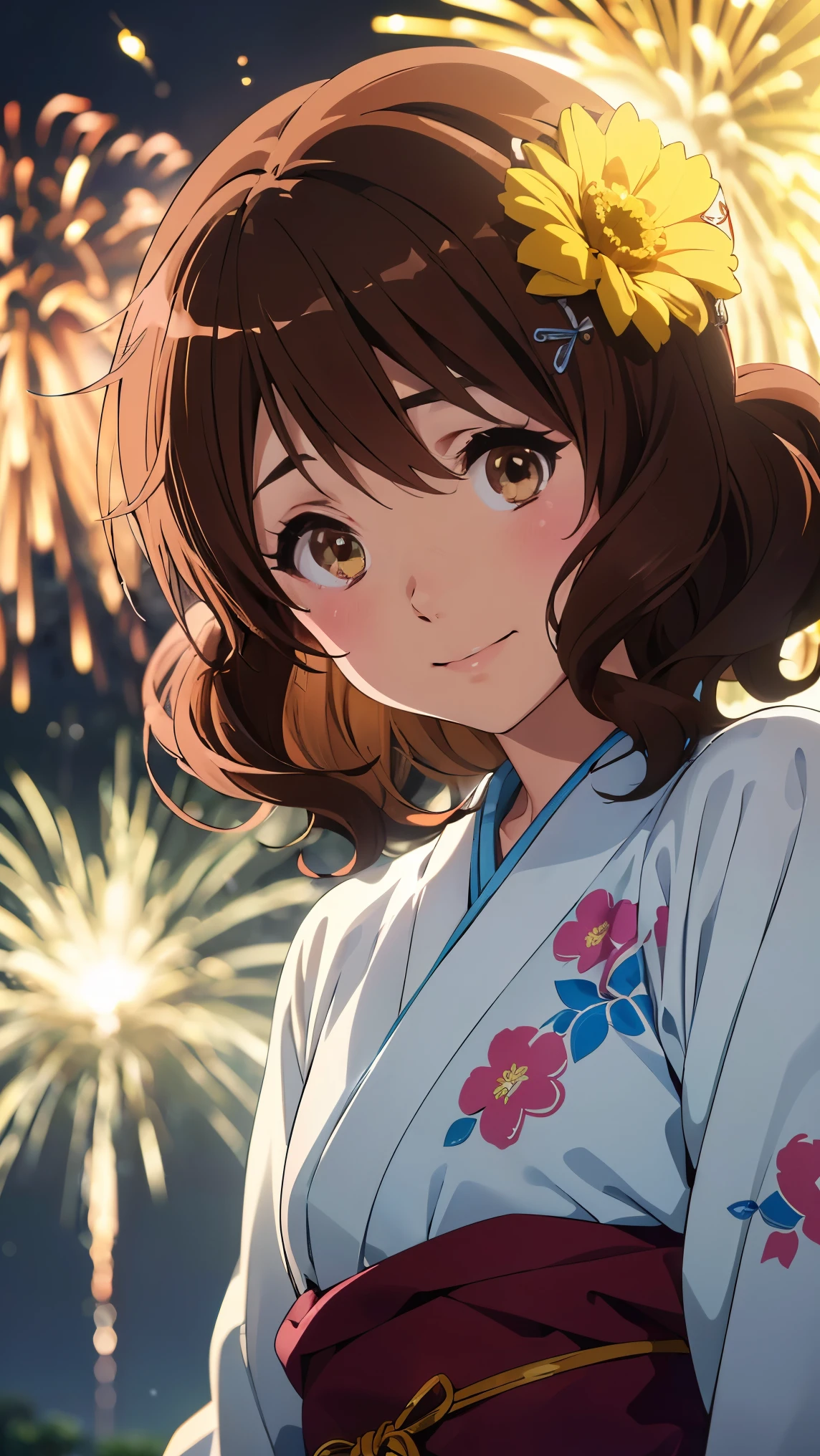 (最High image quality, 8k, High image quality, high detail,masterpiece:1.2)、kumiko oumae,Eye light、 face light 、  sparkling eyes、Alone、1 girl、 viewers、anime、animeカラーリング、(from the front:1.3)、( Perfect Anatomy)、(Looking at the viewer、 focus on the face)、Sparkling Eyes、(from the front:1.3)、( viewers、Blur the background:1.3)、animeカラーリング(Blur the background:1.3)、Before the topic、(( The image placed in the center )),((Glowing Skin,smile))、 (((masterpiece))), ((top-quality)), (( complicated details)),  perfect eyes, Captivating Eyes,(Alone、1 girl)、anime、animeカラーリング、 viewers、Subject in front、Detailed skin、((small drawstring bag、simple flower hair ornament)),(The,yuTheta,japanese clothes,Heart, sash, floral print, Heartjime,),（魅力的なsmile)、(Watch the fireworks display,Lots of fireworks,dreamy happy atmosphere dramatic lighting),