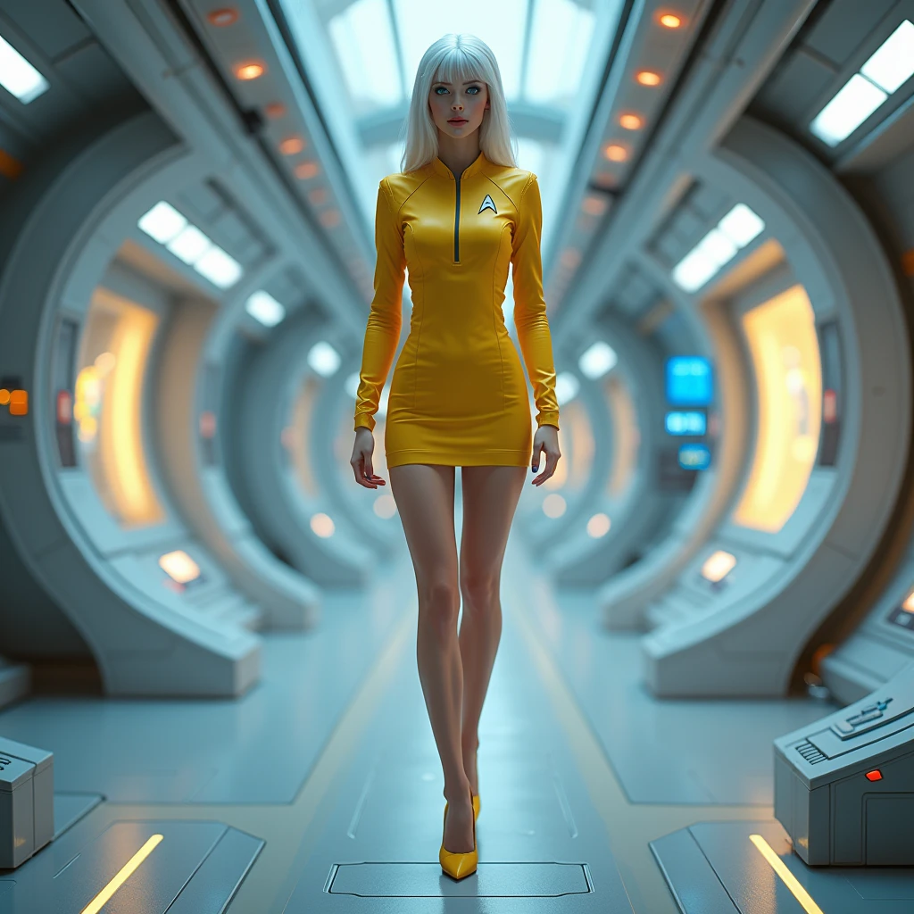 ultra-realistic, full-body image of a female Starfleet officer in a sleek and clean starship engine room. The officer has long, slim legs and wears a figure-hugging yellow uniform with a very short skirt and a deep neckline, paired with matching high heels in the same color. She has striking blue eyes, white hair, and a expression. The Starfleet badge is prominently displayed on her uniform, which has a smooth plastic-like texture. The background features a futuristic engine room with sleek surfaces, glowing consoles, and a brightly illuminated warp core. The lighting is typical of Star Trek environments—clean, bright, and highlighting the advanced technology around her.