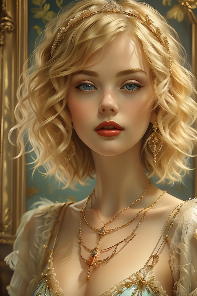 (masterpiece, Best Quality:1.2),beautiful, Realistic,  x Charleston Style,  1 girl, Alone, chest, blue eyes, Blonde,  hair accessories, dress,  jewelry , necklace, bracelet, lips, compensate, ring, Wings, lipstick, gem, Curly Hair, Realistic, feather  hair accessories, Pearl necklace, Pearl (gemstone)