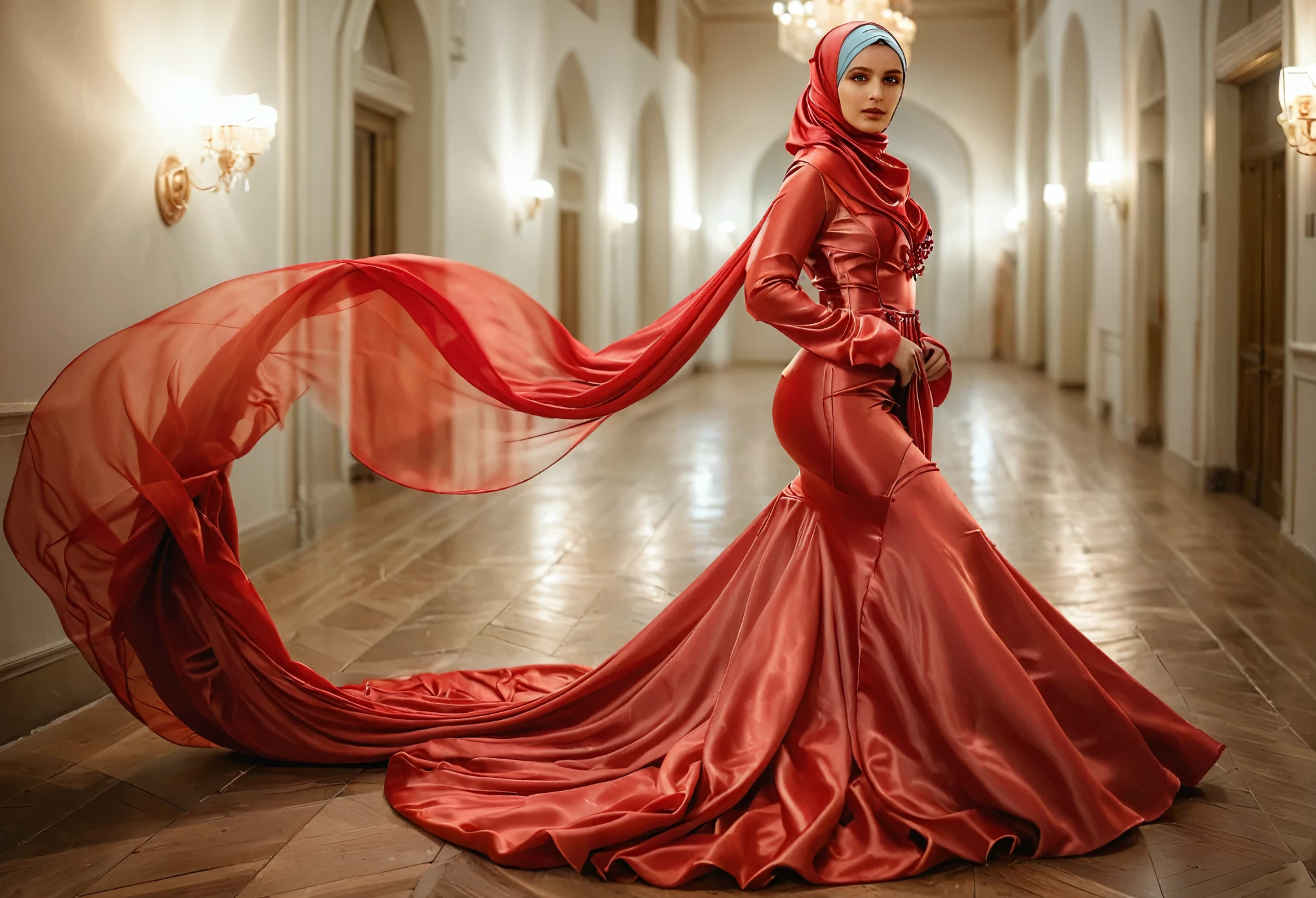 woman shrouded in a 10-meter-long, plush semi transparent red satin shimmer cloth, tightly bound and grandly draping along the form of her body, flowing off into a pooled floor-length train, styled in a mermaid-inspired outfit, her head modestly veiled in a satin hijab,walk in, a full-body pose conveying a sense of mysterious elegance, captured in a 4k resolution, ultra-realistic, (best quality,4k,8k,highres,masterpiece:1.2),ultra-detailed,(realistic,photorealistic,photo-realistic:1.37),HDR,UHD,studio lighting,ultra-fine painting,sharp focus,physically-based rendering,extreme detail description,professional,vivid colors,bokeh,portraits,fantasy,cinematic lighting
