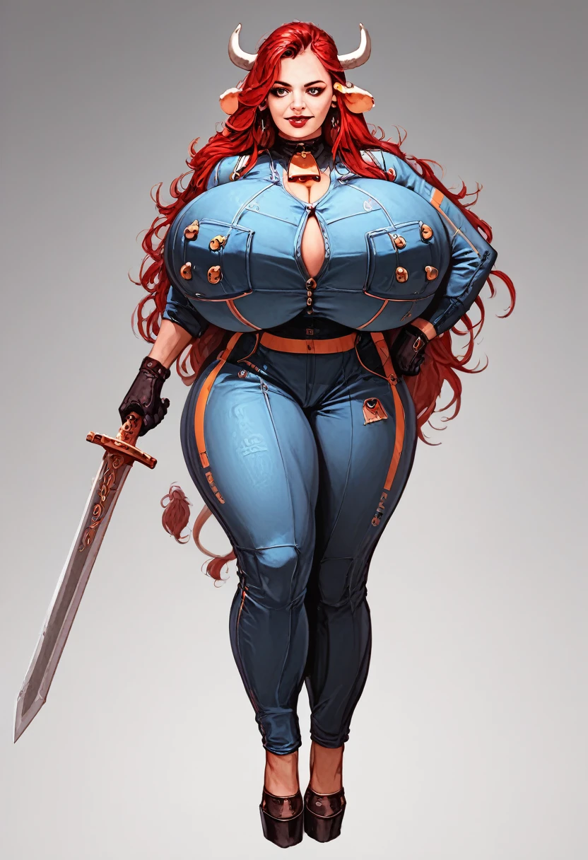 cow girls , cow antropomorph ,  amazone, red hair, long hair, huge breasts, bearing hips, full body view, heavy space suit, she is carrying a large heavy zweihander with a dark wooden handle that is almost as big as her, two handed sword standing proudly, smilling , highly detailed, highly detailed face, intricate details, cinematic lighting, photorealistic, 8k, hyperrealistic, dramatic shadows, dynamic pose, strong colors, vibrant palette, sci-fi, concept art, digital painting
