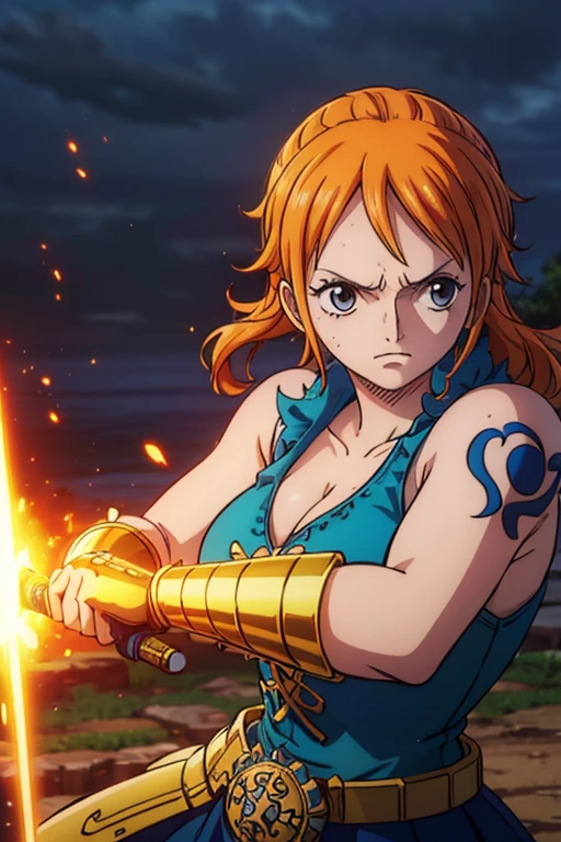  (Best Quality, 4K, 8k,  High Resolution , masterpiece:1.2), Super detailed, (Realistic, photoRealistic, photo-Realistic:1.37),  Preserving Anime Style ,Nami from One Piece,Brave look,Pale orange hair ,Left shoulder tattoo,Large Breasts, Female warrior,Full Light Armor ,shield,Big two-handed sword, Blue Lightning and Light Shining World ,The destructive power of a thunder magic sword , shows her taking a fighting stance as a female medieval knight