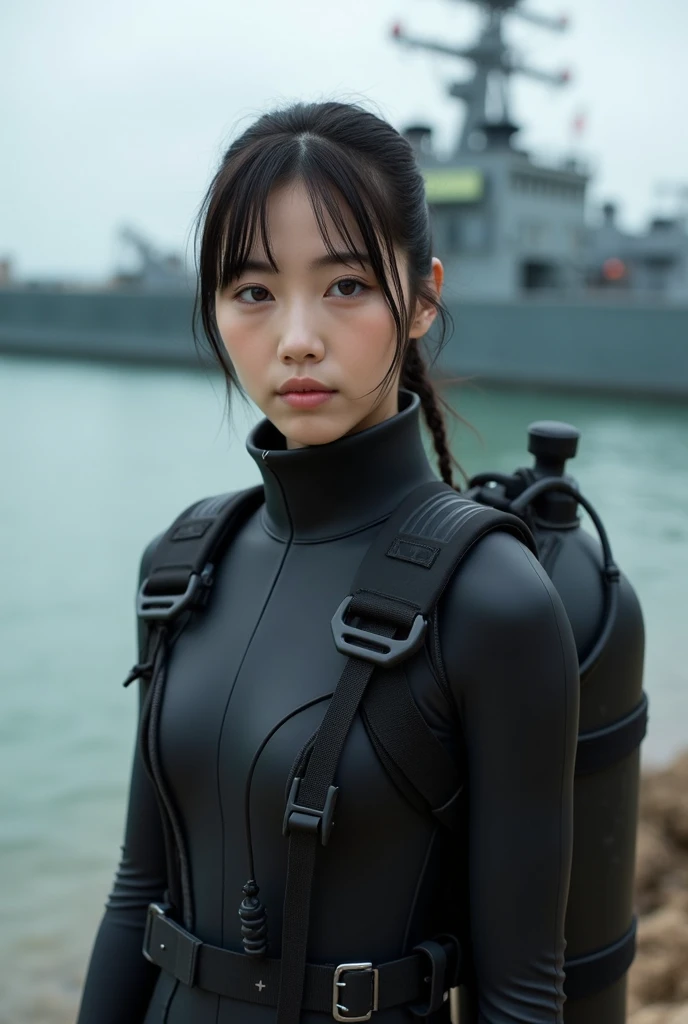 A beautiful and cute 18-year-old Japanese girl with photo-realistic features, extreme close up:1.1, Scuba Diving, Resting on the shore, Natural Makeup, buyish face ,Front View:1.21, Perfect Anatomy:1.21, Small head:1.21, Slender body:1.37, Narrow waist:1.5, Thin limbs:1.5, Flat Chest:1.5, Anatomically correct limbs, Diving Suits smooth wetlook (high smooth turtleneck collar), Fully equipped for diving, Very cute Japanese woman, Brown Hair, Chignon Hair, Calm sea in summer, Dynamic and emotional movie lighting, 