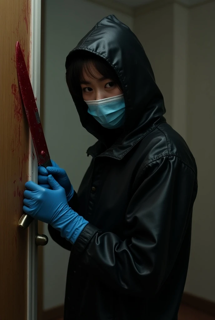 korean girl, (behind corpse, surgical mask), holding knife, stabbing, latex gloves, bath full of blood, transparent raincoat, hood up, holding knife, white gloves, behind corpse, blood splatter, mass murderer, killer, long bangs, blood splatter,