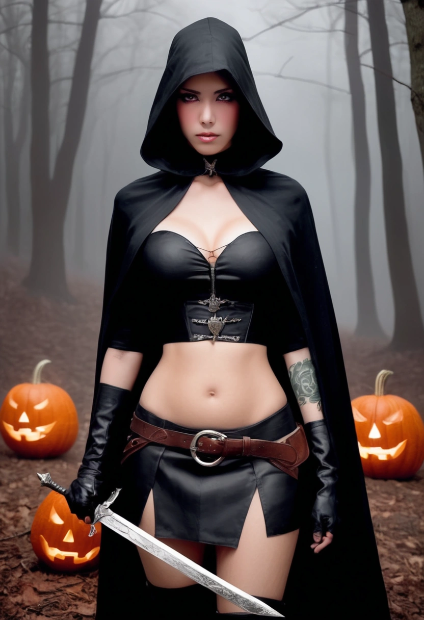 (good quality), (many details), (masterpiece), young woman as witch hunter in the forest on the hunt, running between the trees, dark gloomy forest at night, cloth armor, leather hat, silver medalion, nakcte breasts, no pants, torch and sword, black red armor, black hair, evil eye, NSFW, sexy, erotic, porn