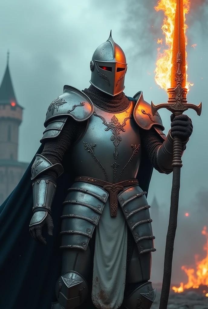 Fog, darkness, particles, Knight with silvery-white armor and glowing red eyes. Burning eyes, A nicely decorated full helm, Cloak, elaborate armor engraving, Flaming Greatsword Raised High into the Sky, magnificence of going to battle, On a battlefield with a visible Burning Castle