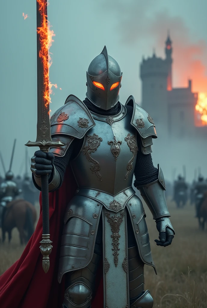 Fog, darkness, particles, Knight with silvery-white armor and glowing red eyes. Burning eyes, A nicely decorated full helm, Cloak, elaborate armor engraving, Flaming Greatsword Raised High into the Sky, magnificence of going to battle, On a battlefield with a visible Burning Castle