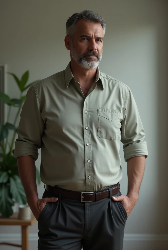 Man in navy blue shirt with khaki pants
