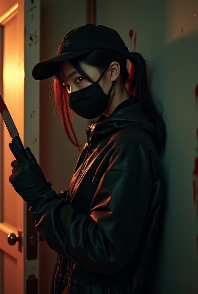 korean girl, (behind corpse, surgical mask), holding knife, stabbing, black gloves, room full of blood, black trench coat, bucket hat, holding knife, black gloves, behind corpse, blood splatter, very long hair, night, mass murderer, robbery, in the hotel, dark atmosphere, cinematic lighting, atmospheric realistic, light from the window
