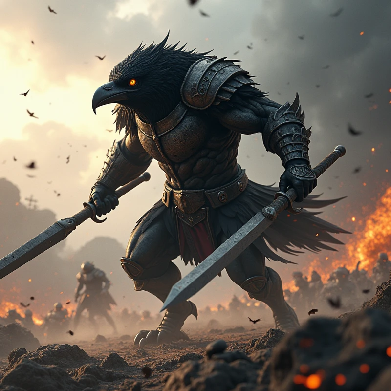 Create an image of a battle with a muscular anthropomorphic crow warrior leads the charge, dynamic fighting posing, cinematic masterpiece, Award Winning, Best Quality, UHD, ultra-realistic, hyperrealistic, movie quality