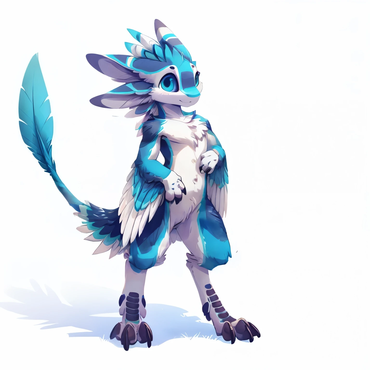 white background, simple background, female, ((avali)), feathers, raptor, cute, soft, gentle, front view, full body, tail, talons, fluff, anatomy, proportions, simple pose, hands, fingers,