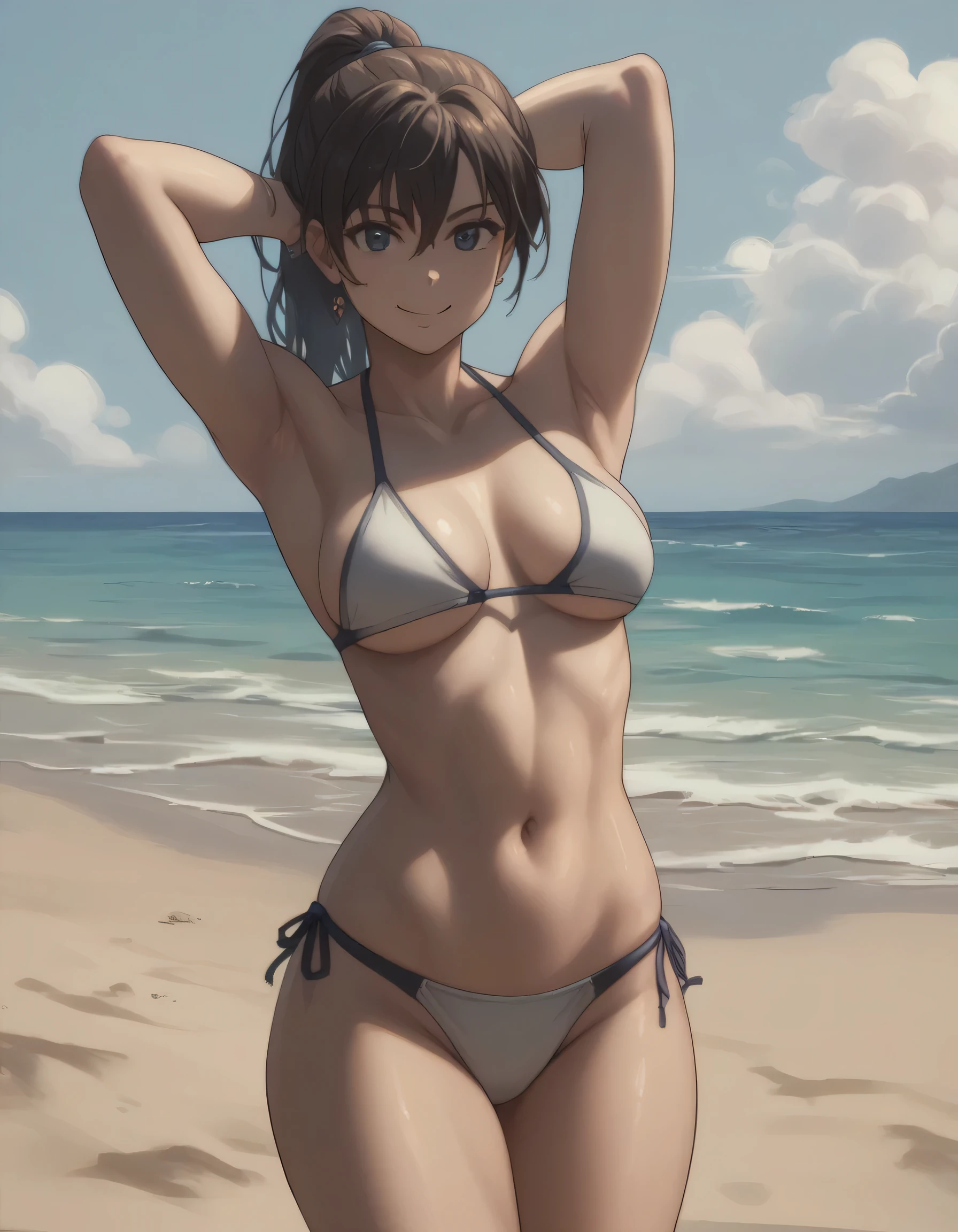 1girl,((sexi bikini,micro bikini)), cuerpo completo, mirando al espectador,flaco, en la playa, ((Portada de la revista)), cicatriz en la cara,small boobs, Kobeni, vello pubic,muslos gruesos,caderas anchas,Obra maestra, La mejor calidad,((sentada de piernas abiertas en la arena))lentes de playa,brown eyes,Shy look, leve sonrisa, coy smile ,Mirando al espectador,playa europea,arena blanca