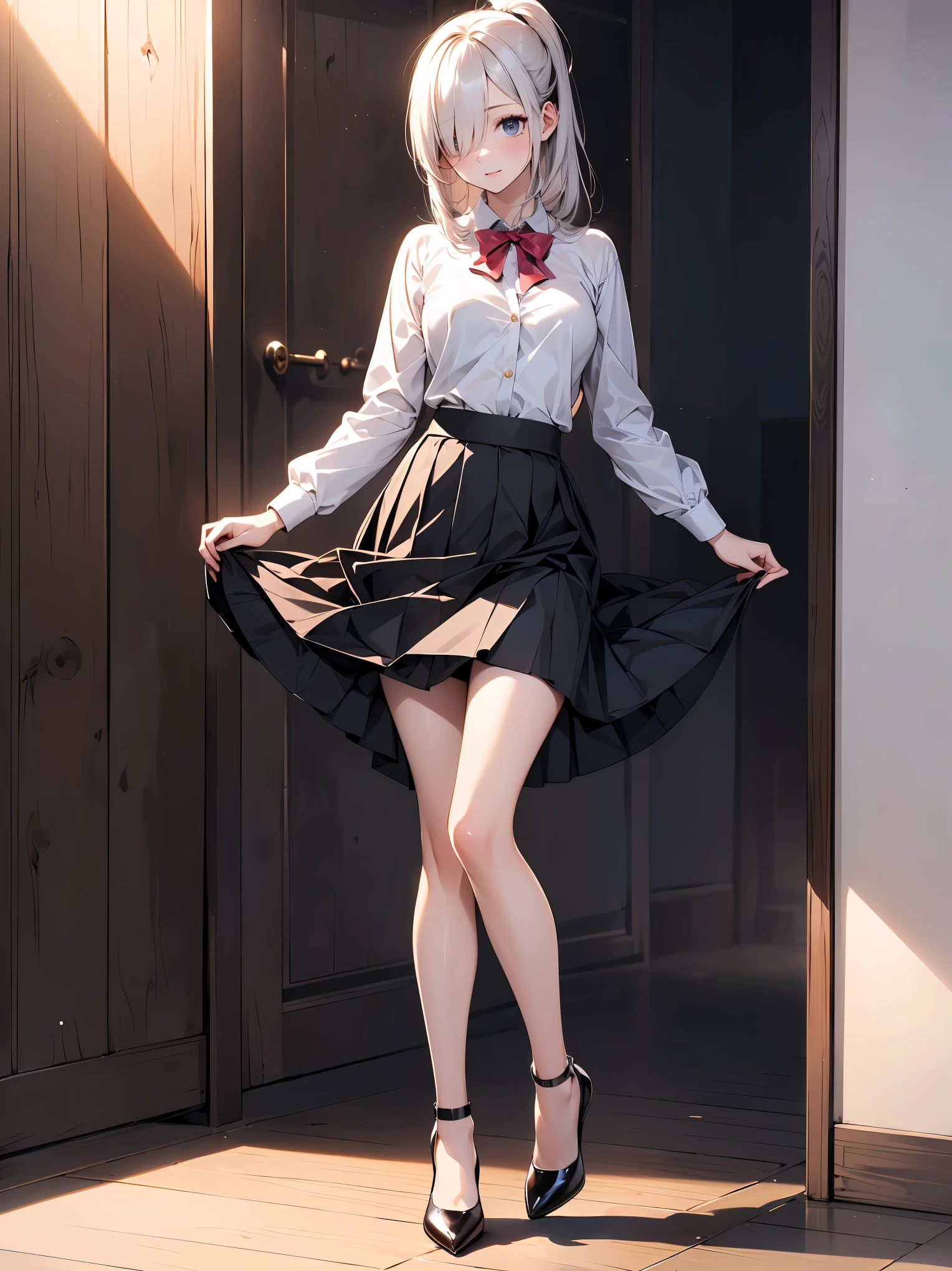 detailed face, cute face, ((masterpiece)), (Highest quality))), (Character design sheet, National costume, same characters, front, ~ side, return), figure, 1 girl, whole body, Silver Hair, eyes hair, Beautiful Eyes, Princess Cut, Environmental change scene, Short skirt, Shyness, woman, girl, Are standing, Gothic Lolita, VTuber, Chartern Betarola, (simple returnground, white returnground: 1.3) ( masterpiece:1.2), (Highest quality:1.3)